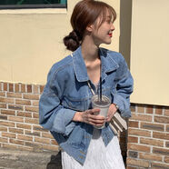 韓國ins春季復古翻領(lǐng)單排扣多口袋裝飾寬松水洗藍牛仔夾克短外套 圖片色 均碼 均碼