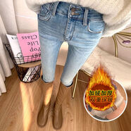 洋氣淺藍色加絨保暖時(shí)尚高腰雙排扣九分褲女韓國修身小腳褲 淺藍色加絨加厚 S S建議80-95斤