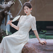 ON&ON/安乃安輕奢國風(fēng)連衣裙2026春季新款新中式立領(lǐng)蕾絲鏤空鉤花氣質(zhì) 杏色 M