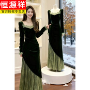 恒源祥冬天配大衣的裙子氣質(zhì)名媛綠色絲絨拼接長(cháng)袖連衣裙女2025新款冬 圖片色 M