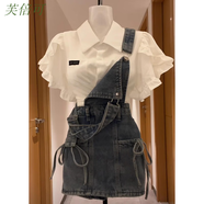 芙倍可學(xué)院風(fēng)甜美復古蝴蝶結背帶牛仔短裙搭配短袖白色襯衫上衣兩件套裝 牛仔背帶裙/單件 XL