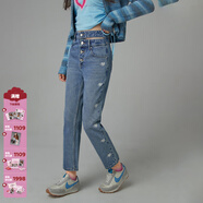 CHUU高腰牛仔褲女士冬季新款單排扣鏤空愛(ài)心顯瘦小腳長(cháng)褲子 淺牛仔藍 26