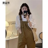 漫藍夢(mèng)復古工裝背帶褲時(shí)尚套裝女秋季2025新款寬松顯瘦卷邊直筒休閑長(cháng)褲 白色內搭+卡其色背帶褲 M 建議【100-110斤】