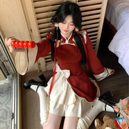 依樂(lè )琦春季新年裙 瑤落朱櫻紅色氣質(zhì)拼接裙過(guò)膝 紅色短裙 M 建議95-110斤