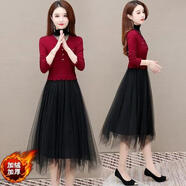 ANBIEM秋冬新款配大衣女氣質(zhì)仿貂絨長(cháng)袖針織連衣裙半高領(lǐng)蕾絲時(shí)尚毛衣裙 酒紅色加絨 收藏店鋪優(yōu)先發(fā)貨 L 2x 建議【125-135】