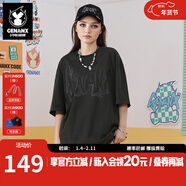 閃電潮牌（GENANX）2024新款街頭風(fēng)印花寬松落肩袖重磅純棉圓領(lǐng)T恤男簡(jiǎn)約情侶短袖 深灰色 S