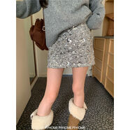 PPHOME自制閃閃新年裙高腰A字毛呢短裙精致小香粗呢半身短裙女 灰色 XL XL