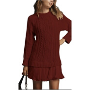 2025獨立站圓領(lǐng)麻花針織雪紡拼接甜美氣質(zhì)迷你連衣裙 酒紅色 2XL