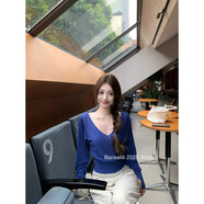 板栗可可Bankelili'氧氣因子'100天絲V領(lǐng)輕薄蝙蝠袖針織衫上衣女 寶藍 L