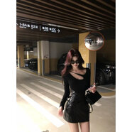 夜店套裝女性感辣妹套裝女秋冬季穿搭內搭鏤空長(cháng)袖上衣純欲包臀半 黑色套裝（上衣+裙子） S 【現貨直發(fā)】贈b