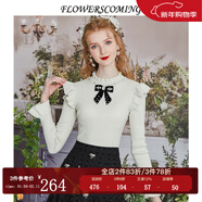 flowerscoming花兒開(kāi)了2022冬季新款復古荷葉邊圓領(lǐng)針織衫女喇叭袖內搭顯瘦上衣 白色 S