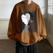 潮夢(mèng)城冬季潮牌ins歐美卡通圓領(lǐng)毛衣男寬松大碼加厚保暖羊毛衫針織衫男 咖啡色 M 95-115斤可穿