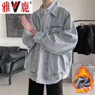雅鹿牛仔外套男秋季男裝港風(fēng)潮流寬松夾克上衣加絨加厚痞帥工裝外衣服 藍色 常規 2XL [建議體重130-150斤]