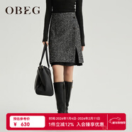 OBEG歐碧倩冬季款拼接不對稱(chēng)毛呢短裙女氣質(zhì)半身裙10464070 黑色 M /165/38