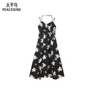 太平鳥(niǎo)女裝連衣裙秋季掛脖吊帶長(cháng)裙印花時(shí)尚設計感 黑色紋樣 M
