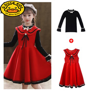G.duck女童連衣裙春秋2024新款背心冬季套裝毛呢裙子洋氣兒童公主裙冬裝 M-6611紅色背心裙+黑毛衣 130 cm