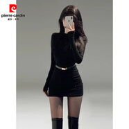 皮爾卡丹（pierre cardin）黑色半高領(lǐng)德絨連衣裙子套裝女秋冬2025新款修身內搭包臀短裙 黑色配腰帶小個(gè)子/氣質(zhì)/miu里miu氣穿搭/新年戰袍/圣誕 M 【建議90-110斤】