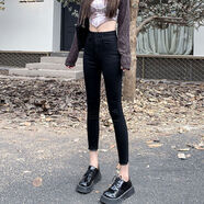 黑色八分小個(gè)子牛仔褲女網(wǎng)紅春秋小腳2025流行新款雙扣九分鉛筆褲 黑色九分 40 251尺8