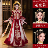 高端秀禾服2025新娘結婚鳳冠霞帔中式嫁衣顯瘦出閣服重工新款婚服 瑾嘉-廣袖絲絨款+【步搖頭飾】 M 建議體重90-100斤