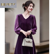 夏典素訂女王（SE.PSTP）【閃耀氛圍感】2025春秋新名媛風(fēng)珍珠腰帶茶歇裙泡泡袖女式連衣裙 香芋紫色 M