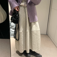 小碎花羊毛呢半身裙中長(cháng)款花苞裙冬季新款高腰顯瘦a字傘裙蓬蓬裙 杏色 均碼 （80-150斤）