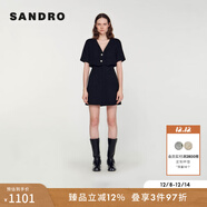 SANDRO秋冬女裝法式氣質(zhì)黑色V領(lǐng)高腰花呢收腰假兩件短款連衣裙 黑色 XS
