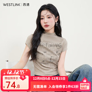 西遇美式新復古回潮辣妹風(fēng)半高領(lǐng)印花短款T恤女2025春季新款修身背心 卡其色 M