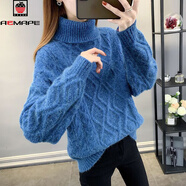 AEMAPE高領(lǐng)麻花套頭針織衫女2025新款毛衣女冬慵懶風(fēng)寬松大碼內搭針織衫 藍色 L 建議105-115斤