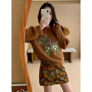 書(shū)與茶韓版時(shí)尚套裝裙女秋冬小馬毛衣針織衫上衣+碎花短裙連衣裙兩件套 棕色毛衣 S