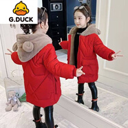 G.duck冬季新款女童羽絨棉服韓版中大童女寶加厚加絨洋氣保暖外套棉襖 紅色 110 建議身高100厘米左右