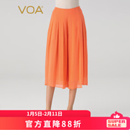 VOA桑蠶絲喬其紗柚橙色松緊腰口袋褶皺寬松百搭雙層真絲七分褲 KE875 浣溪紗-柚橙（F50） M