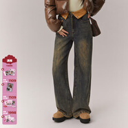 CHUU字母刺繡牛仔褲女2025年冬季新品翻邊撞色拼接磨白闊腿長(cháng)褲子 牛仔藍 25