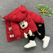 男童棉服新款加絨加厚冬裝寶寶冬季羽絨棉襖兒童女童洋氣外套棉衣 紅色米奇棉衣+褲子 80  建議身高75厘米左右