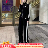 皮爾卡丹金絲絨運動(dòng)休閑套裝女裝2025新款春秋季歐洲站歐貨潮闊腿褲兩件套 黑色 S 93斤-106斤