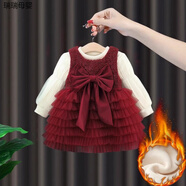 女寶寶周歲禮服 周歲公主裙女童冬裝加絨連衣裙2025新款寶寶一周 亮片蝴蝶加絨裙 90 cm