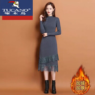 啄木鳥(niǎo)（TUCANO）加絨加厚針織連衣裙女中長(cháng)款過(guò)膝長(cháng)裙秋冬韓版長(cháng)袖蕾絲打底毛衣裙 【加絨加厚】灰 S 建議85-95斤