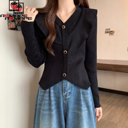 AEMAPE荷葉邊長(cháng)袖針織衫女上衣2025春秋冬顯瘦設計感紅色毛衣女本命年 黑色 L _建議100斤-115斤