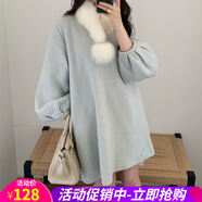 歐貝汐【新品】2026冬新款韓版寬松甜美減齡百搭燈籠袖毛呢連衣裙 藍色 均碼