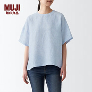 MUJI MUJI 女式 亞麻水洗 短袖罩衫 亞麻上衣 T恤BCA26C2S 煙熏藍色條紋 S