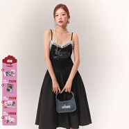 CHUU蕾絲拼接連衣裙女2025秋季新品字母印花無(wú)袖新復古回潮中長(cháng)裙子 黑色 均碼 00