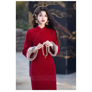 木南飛出租賃新娘敬酒服伴娘服2025新款韓版長(cháng)款修身宴會(huì )禮服敬酒服禮服 打燈籠袖酒紅色 S