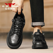 公牛世家（G.N.Shi Jia）男鞋秋季一腳蹬百搭軟面軟底板鞋男款純黑色真皮休閑皮鞋 黑色 39