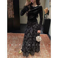 三吉黑花【扶光】新中式珠片刺繡絲絨冬季半身裙2025新款蕾絲網(wǎng)紗 墨黑 L