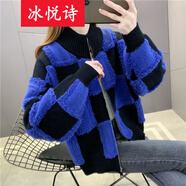 冰悅詩(shī)（BINGYUESHI）拼色時(shí)尚格子半高領(lǐng)毛衣拉鏈開(kāi)衫大碼顯瘦休閑寬松加厚針織外套女 黑色 均碼 建議85-135斤
