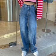 韓國chic秋冬復古百搭高腰一?？壑蓖查熗韧系厮磁Ｗ醒濋L(cháng)褲女 深藍色 S S