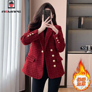 AEMAPE小香風(fēng)加厚紅色外套女2025秋冬裝新款名媛氣質(zhì)顯瘦西裝保暖上衣女 酒紅色 加厚 2XL 建議135-155斤