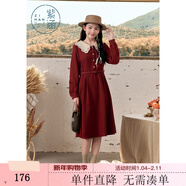 紫涵（ZIHAN）紫涵娃娃領(lǐng)收腰襯衫連衣裙女秋季文藝長(cháng)袖中長(cháng)款a字裙子 復古紅 XL