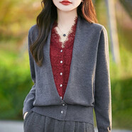 V領(lǐng)蕾絲鏤空鉤花長(cháng)袖假兩件針織開(kāi)衫女秋冬新款精仿羊毛外套女秋 洋氣灰 M M[80105]