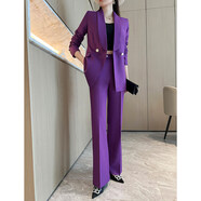 詩(shī)璐雅（SHILUYA）青果領(lǐng)西裝套裝韓版時(shí)尚修身職業(yè)裝氣質(zhì)女神范2025新款女墊肩西服 長(cháng)袖紫色西裝+闊腿微喇褲 S