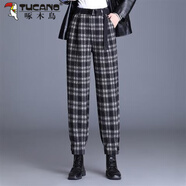啄木鳥(niǎo)（TUCANO）加絨褲子女2025秋冬款毛呢格子哈倫褲松緊黑白格蘿卜褲老爹褲 黑白格子 XL 29建議116-125斤